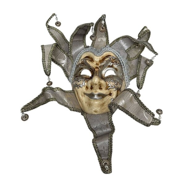 Jester Mask Venetian Style Masquerade Mardigras Wearable Golden Silver Brocade C - Picture 7 of 12